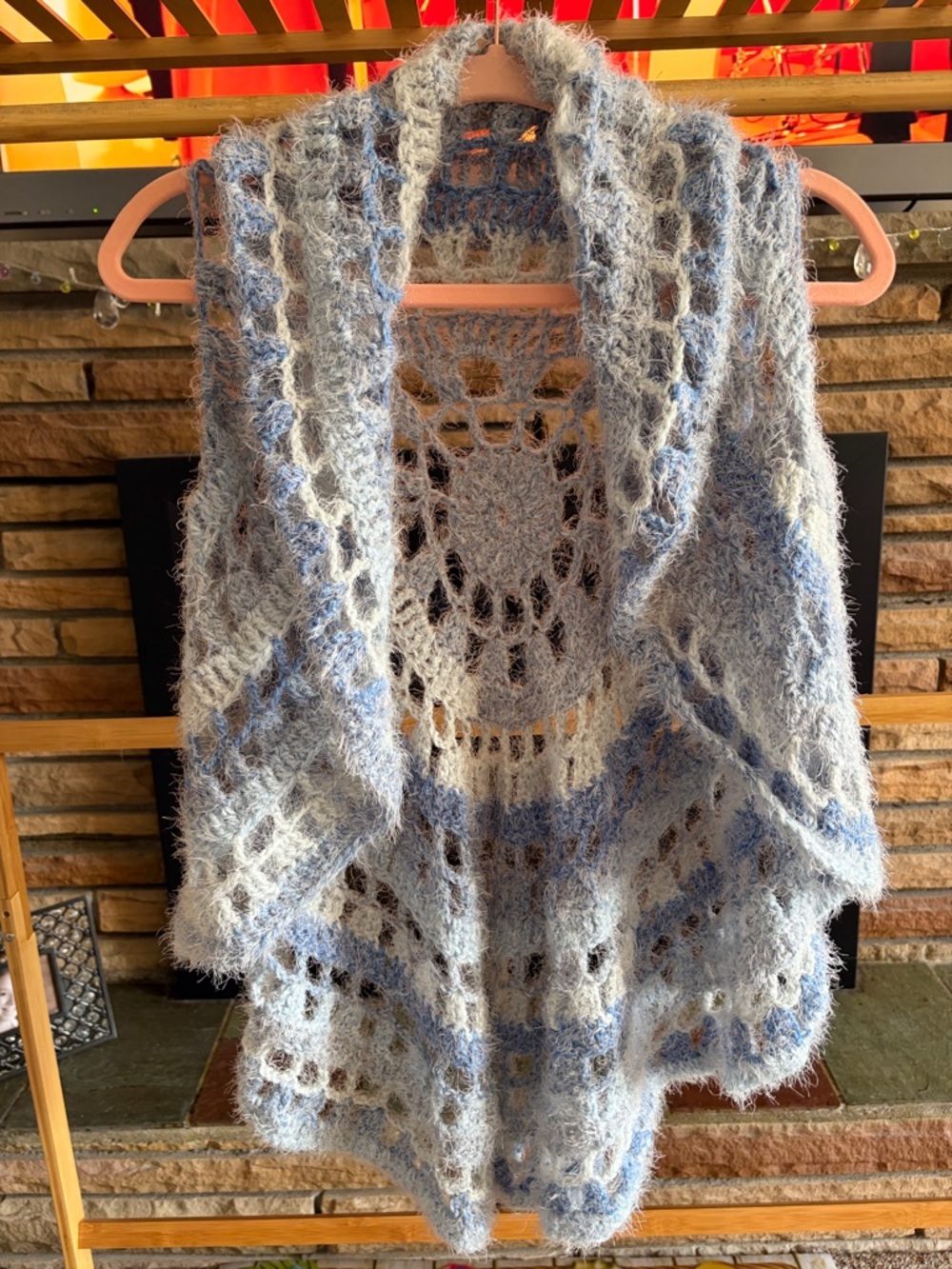 Hand Crafted Open Crochet Knit Shrug in Blue and Cream